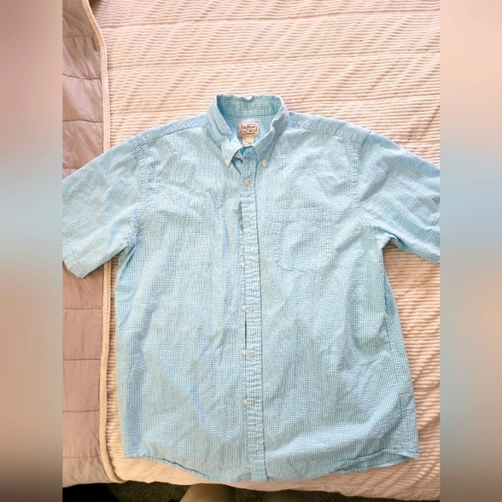 L.L. Bean Men's Blue & White Check Short Sleeve Size L-Reg